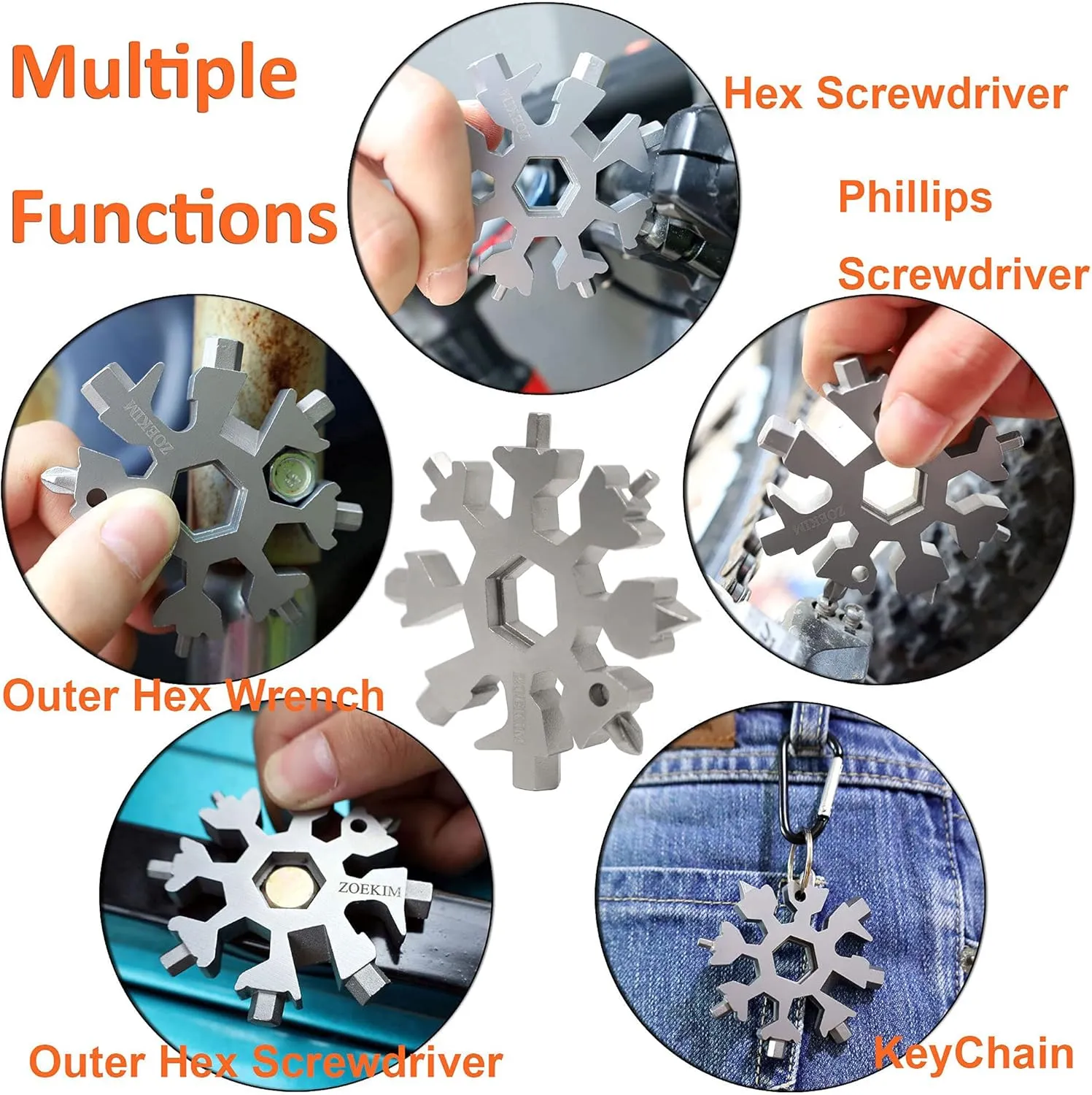 18-in-1 Snowflake Multitool, Stainless Steel Snowflakes Multitool Keychain, Combination Bottle Opener Incredible Tool