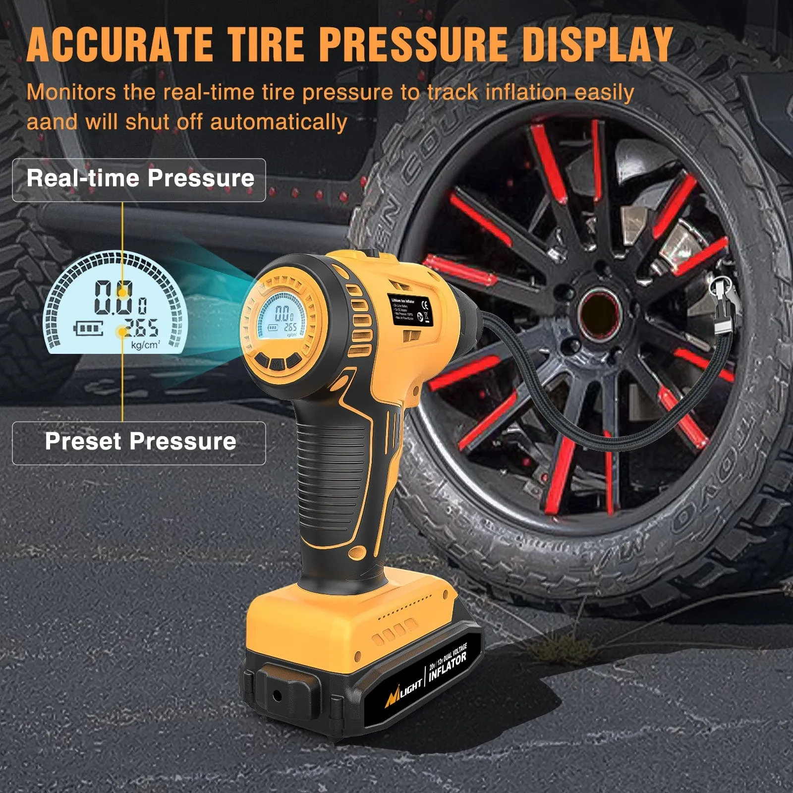 Cordless Tire Inflator 20V Rechargeable Air Compressor with Digital Gauge 150PSI Includes 12V Adapter