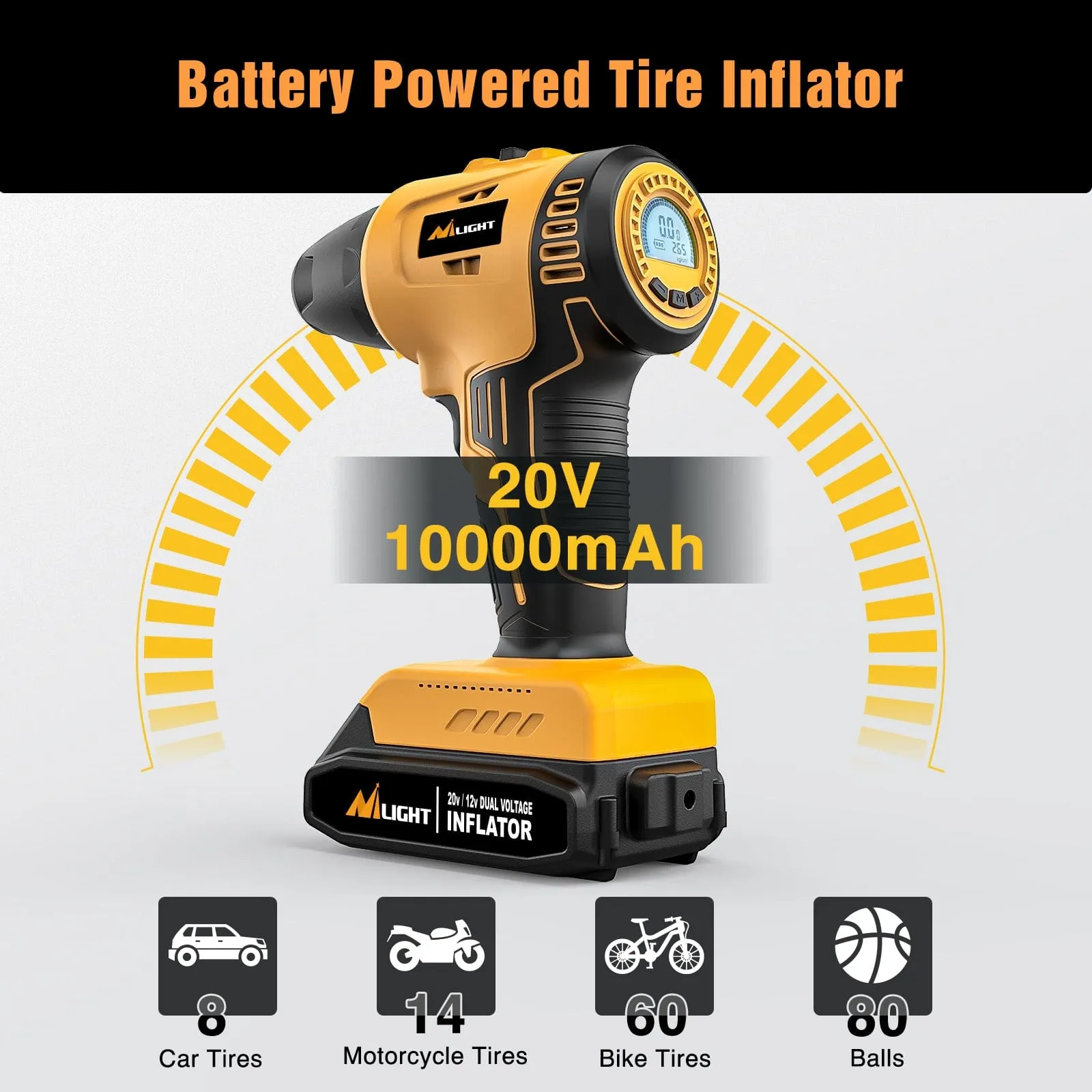 Cordless Tire Inflator 20V Rechargeable Air Compressor with Digital Gauge 150PSI Includes 12V Adapter