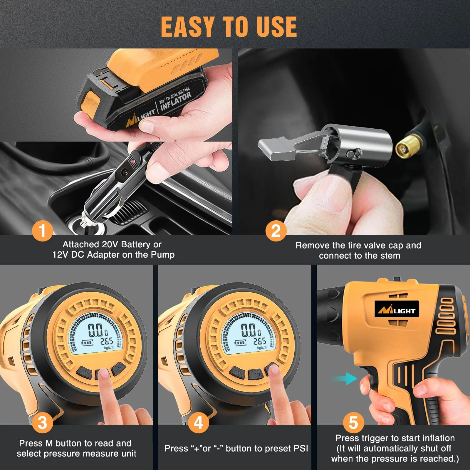 Cordless Tire Inflator 20V Rechargeable Air Compressor with Digital Gauge 150PSI Includes 12V Adapter