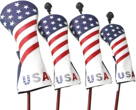 Golf Head Covers, for Fairway Woods Driver Hybrid 1 3 5 UT GLOOF Golf Club Head Covers USA Stars and Stripes with Interchangeable ID Tags Leather 3 Wood Driver Headcovers