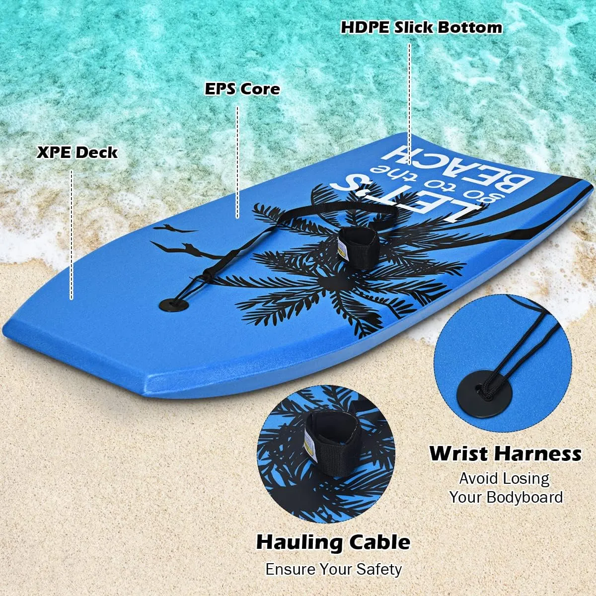 GYMAX Boogie Boards for Beach, 33"/37"/41" Body Board with EPS Foam Core, Crescent Tail, Dual Channel & Wrist Leash, Lightweight Bodyboard for Kids, Youth, Adults