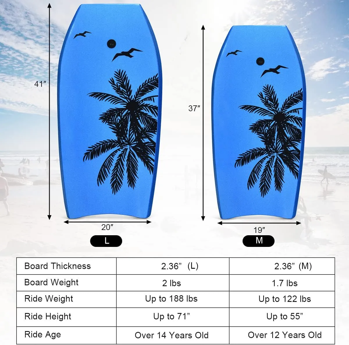 GYMAX Boogie Boards for Beach, 33"/37"/41" Body Board with EPS Foam Core, Crescent Tail, Dual Channel & Wrist Leash, Lightweight Bodyboard for Kids, Youth, Adults
