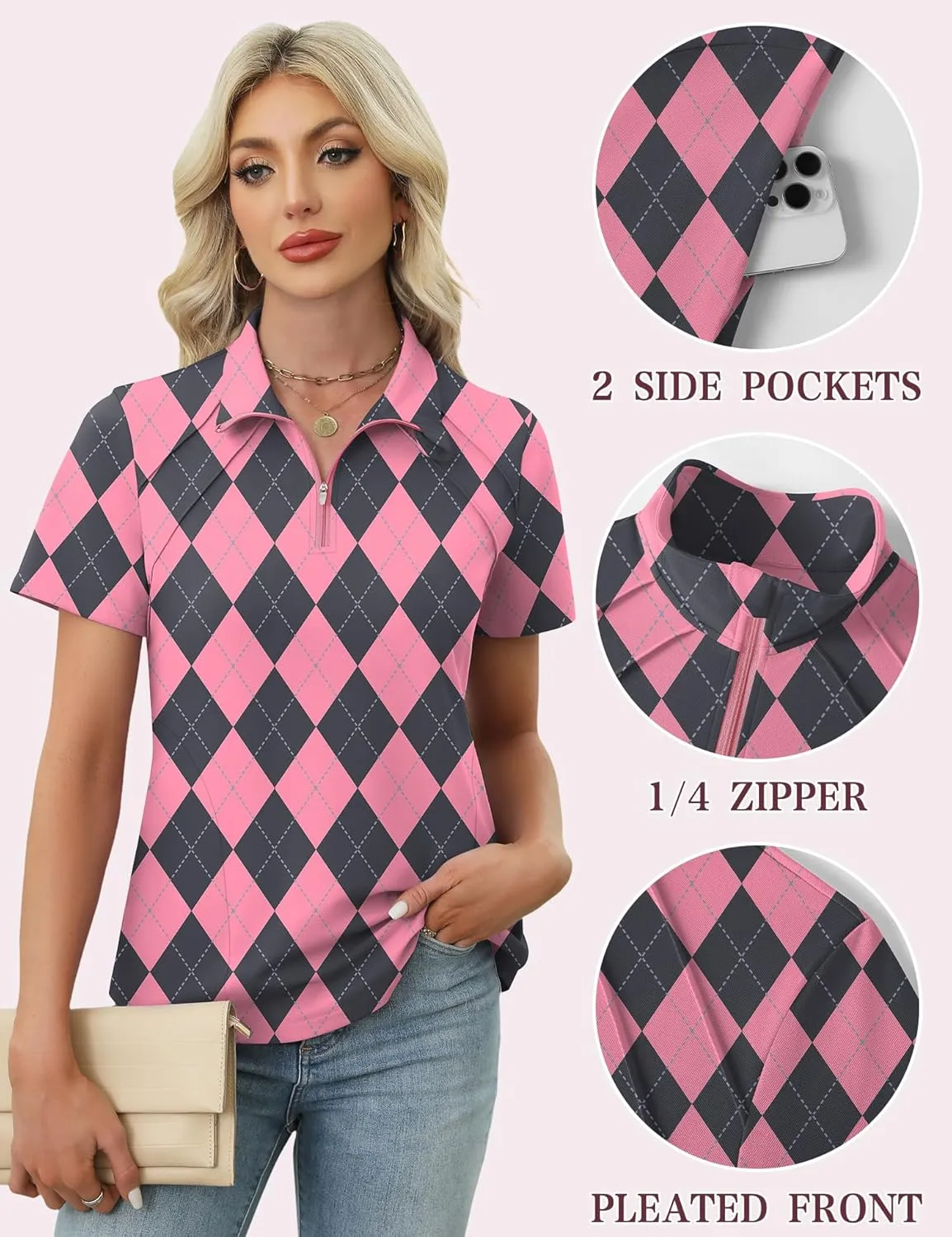 LOMON Womens Golf Polo Shirts Summer Short Sleeve 1/4 Zip Tops Moisture Wicking Casual Tennis Activewear with Pockets