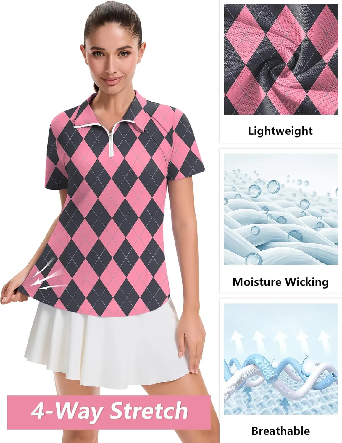 LOMON Womens Golf Polo Shirts Summer Short Sleeve 1/4 Zip Tops Moisture Wicking Casual Tennis Activewear with Pockets