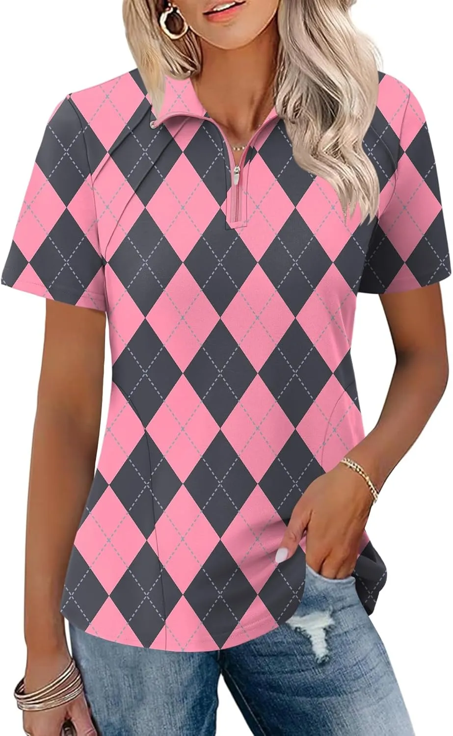 LOMON Womens Golf Polo Shirts Summer Short Sleeve 1/4 Zip Tops Moisture Wicking Casual Tennis Activewear with Pockets