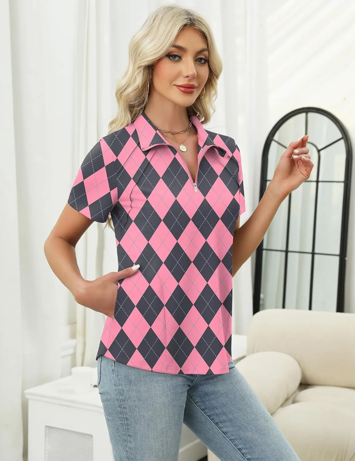 LOMON Womens Golf Polo Shirts Summer Short Sleeve 1/4 Zip Tops Moisture Wicking Casual Tennis Activewear with Pockets