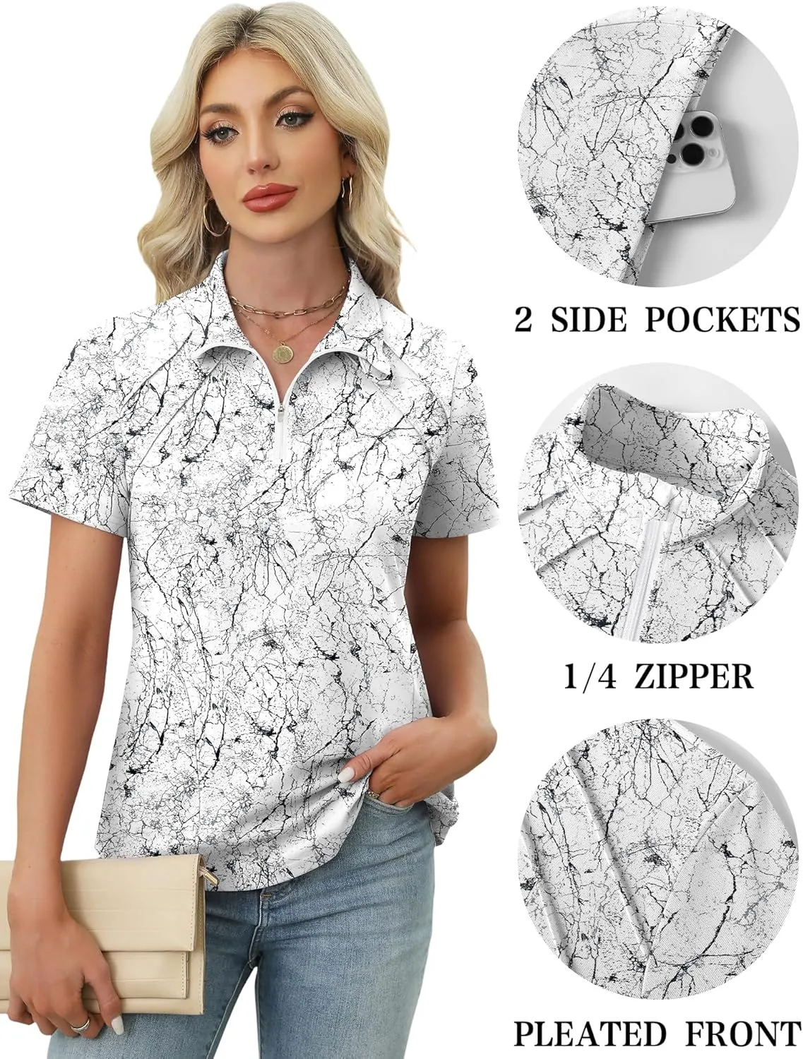 LOMON Womens Golf Polo Shirts Summer Short Sleeve 1/4 Zip Tops Moisture Wicking Casual Tennis Activewear with Pockets