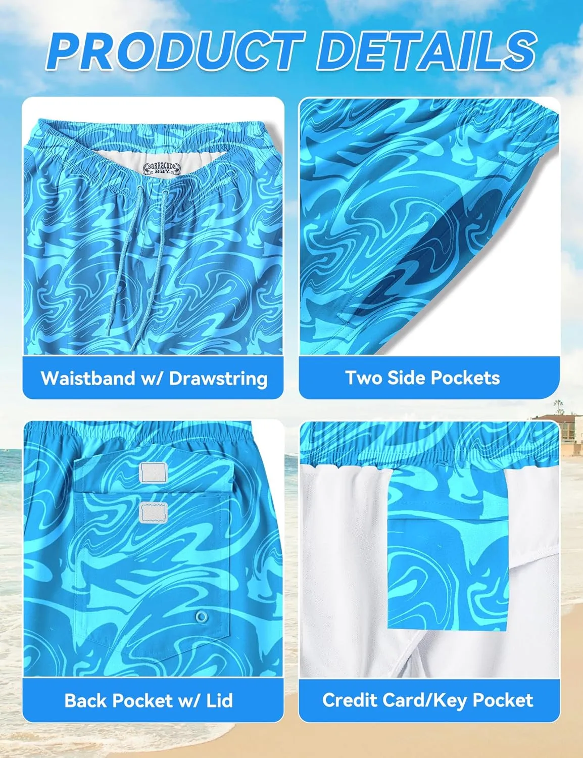 Mens Swim Trunks 8 inch Inseam Mesh Liner Quick-Dry Lightweight 4-Way Stretch Bathing Suit Swimming Trunks for Men UPF 50 