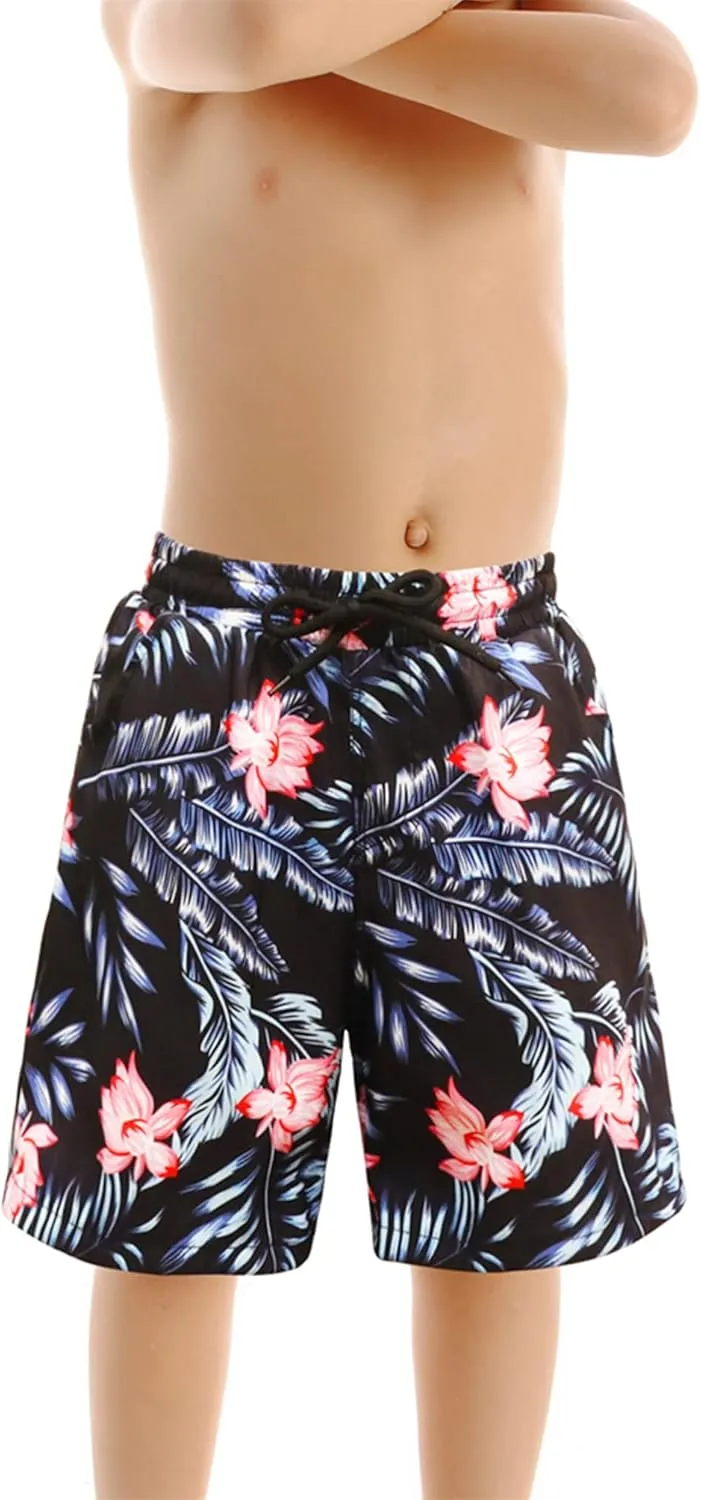 OMZIN Father and Son Swim Trunks Drawstring Elastic Waist Beach Shorts with Pockets