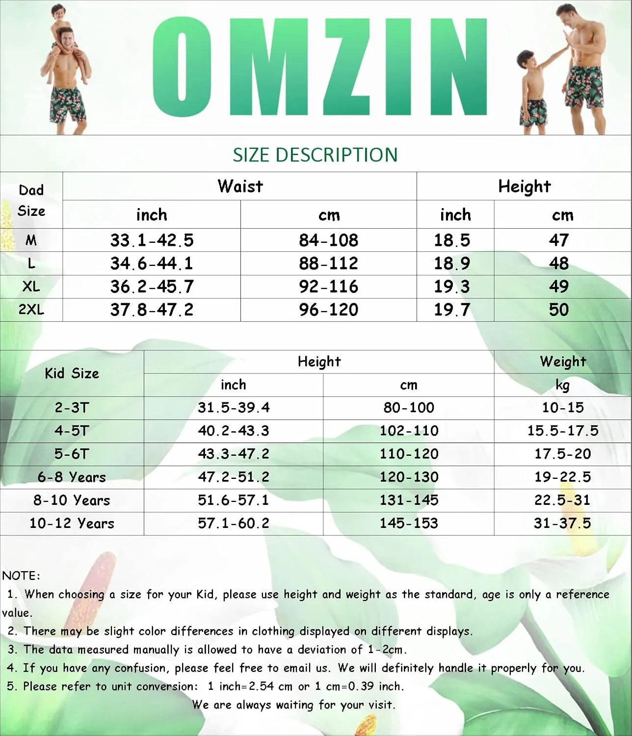OMZIN Father and Son Swim Trunks Drawstring Elastic Waist Beach Shorts with Pockets