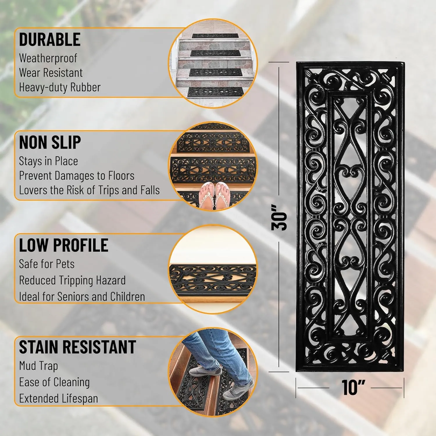 Ottomanson Indoor/Outdoor Hose-Wash Iron Wrought Design Non-Slip Rubber 10" x 30" Modern Stair Treads for Stairs, Garage, Patio, 5 Pack, Black Wrought