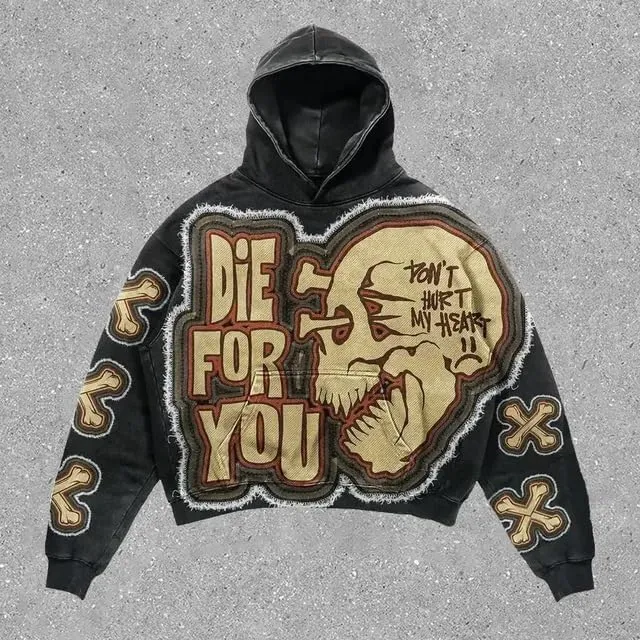 Street retro unisex pullover hoodie, autumn and winter Gothic printed casual hoodie