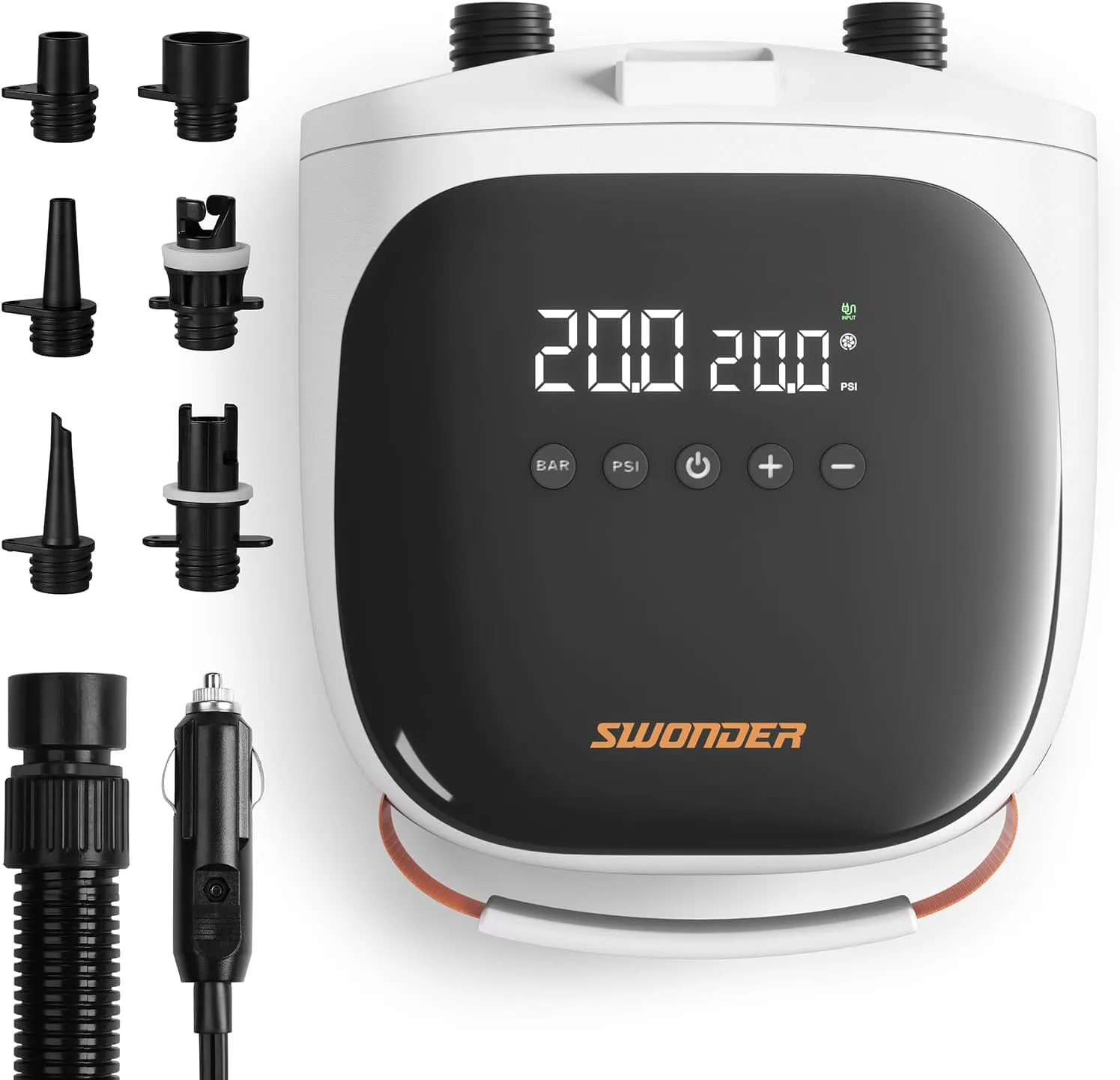 Swonder Paddle Board Pump, 30% Faster Inflation SUP Pump, Compact & 2.6lb Lightweight Electric Air Pump w/ 20PSI High-Pressure, Dual Stage, Auto-Off & Deflation Function