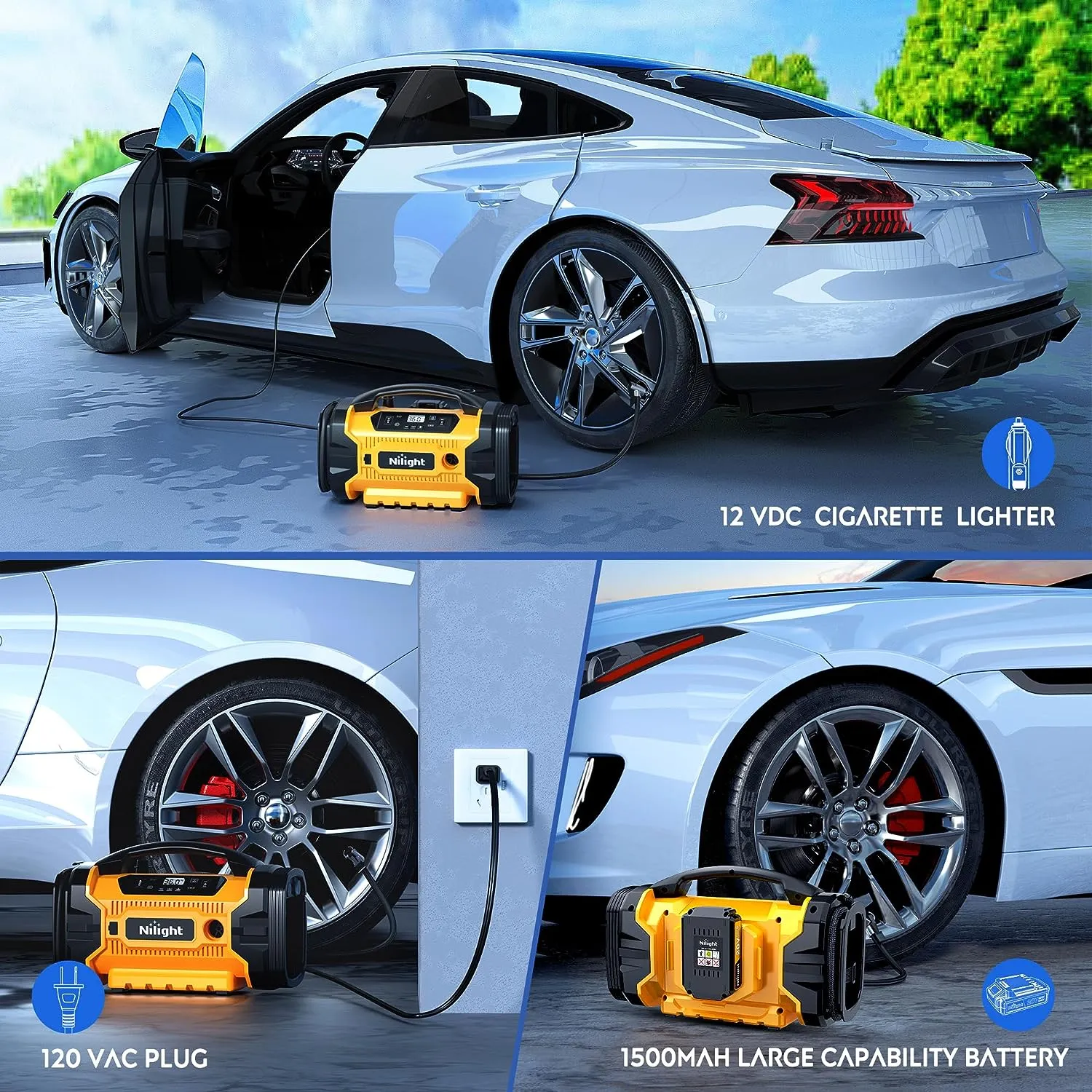 Tire Inflator Air Compressor AC/DC Dual Power 160PSI Rechargeable Battery