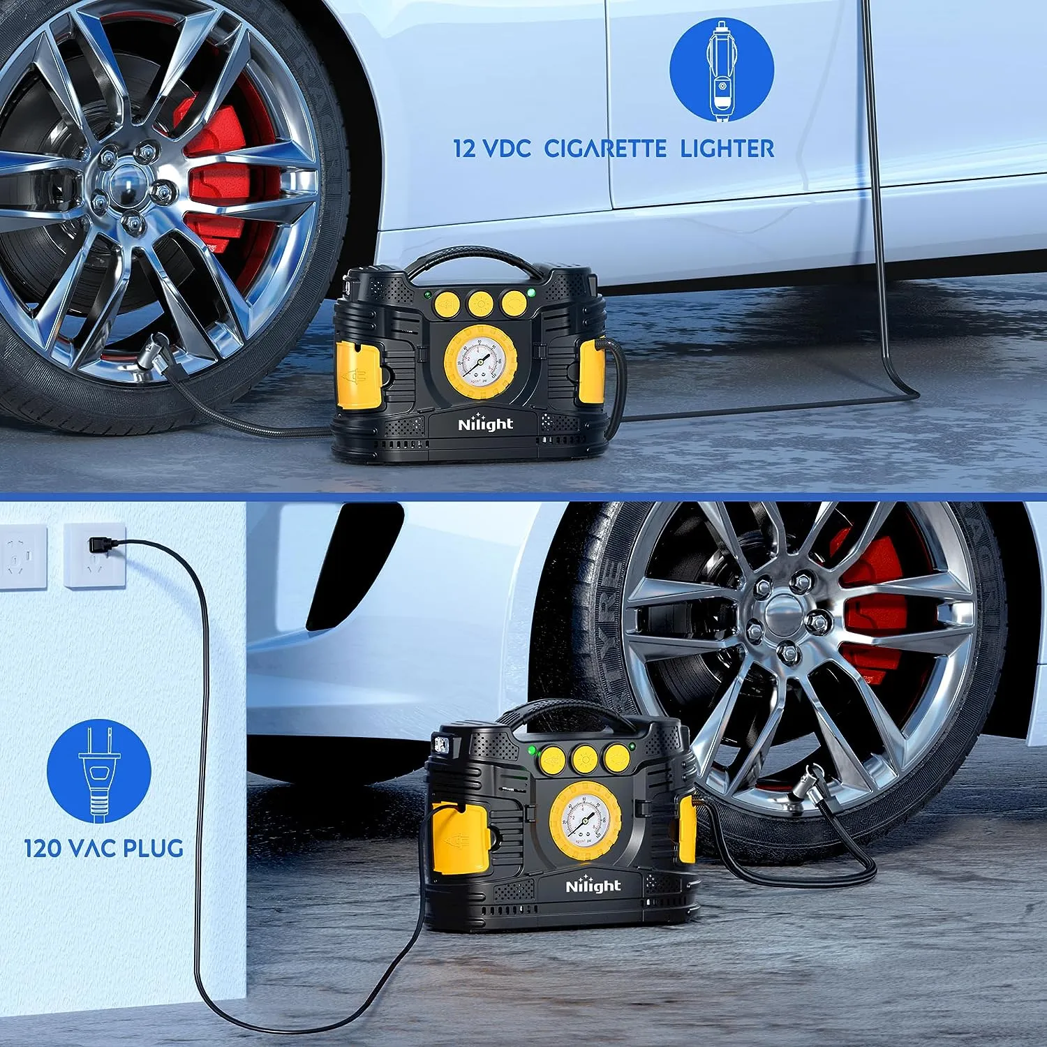 Tire Inflator Air Compressor AC/DC Dual Power Pressure Gauge