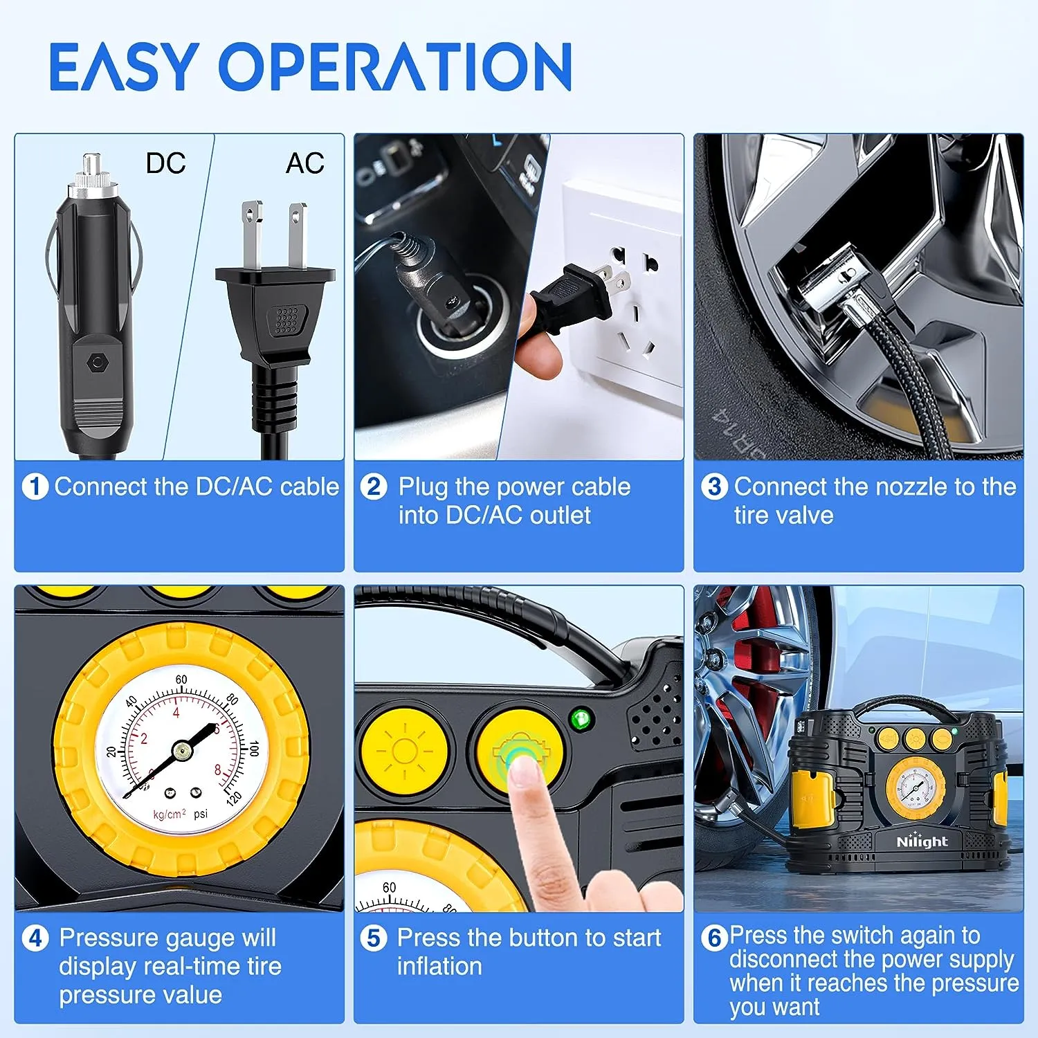 Tire Inflator Air Compressor AC/DC Dual Power Pressure Gauge