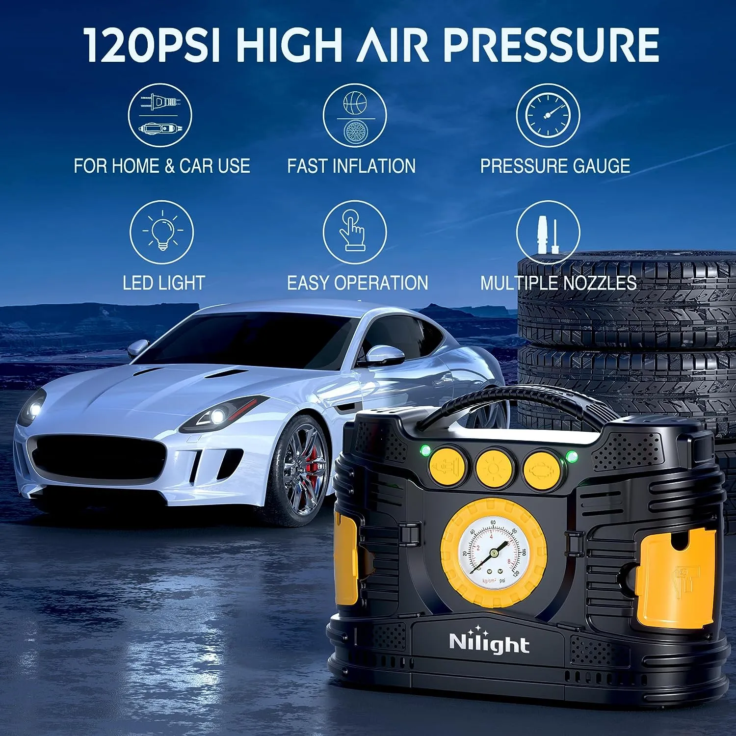Tire Inflator Air Compressor AC/DC Dual Power Pressure Gauge