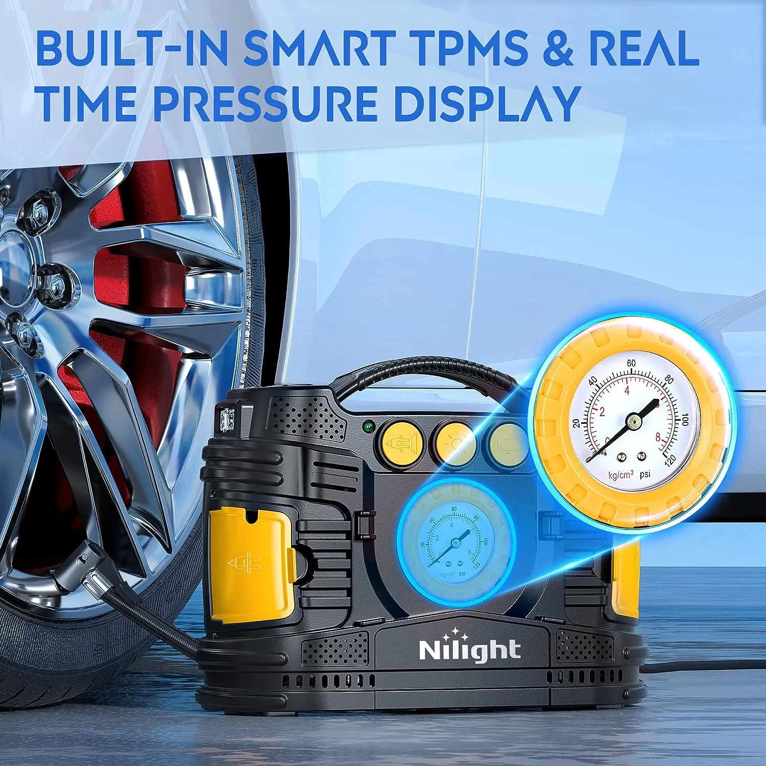 Tire Inflator Air Compressor AC/DC Dual Power Pressure Gauge