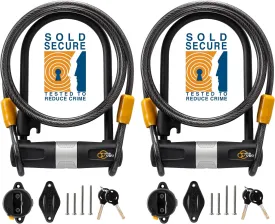 Via Velo 2 Bicycle U-Lock Set, Same Key System 4 Keyed Alike Keys, Heavy Duty Sold Secure 14mm Shackle and 10mm x 1.8m Cable with Mounting Bracket for Road Bike Mountain Bike Folding Bike