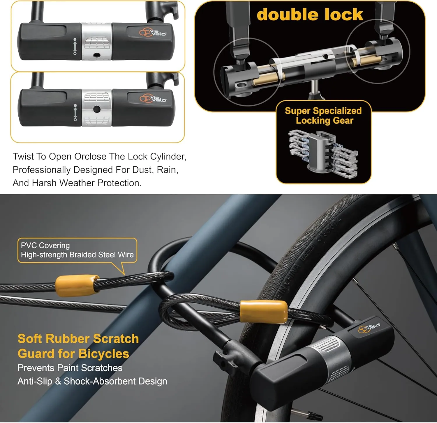 Via Velo 2 Bicycle U-Lock Set, Same Key System 4 Keyed Alike Keys, Heavy Duty Sold Secure 14mm Shackle and 10mm x 1.8m Cable with Mounting Bracket for Road Bike Mountain Bike Folding Bike