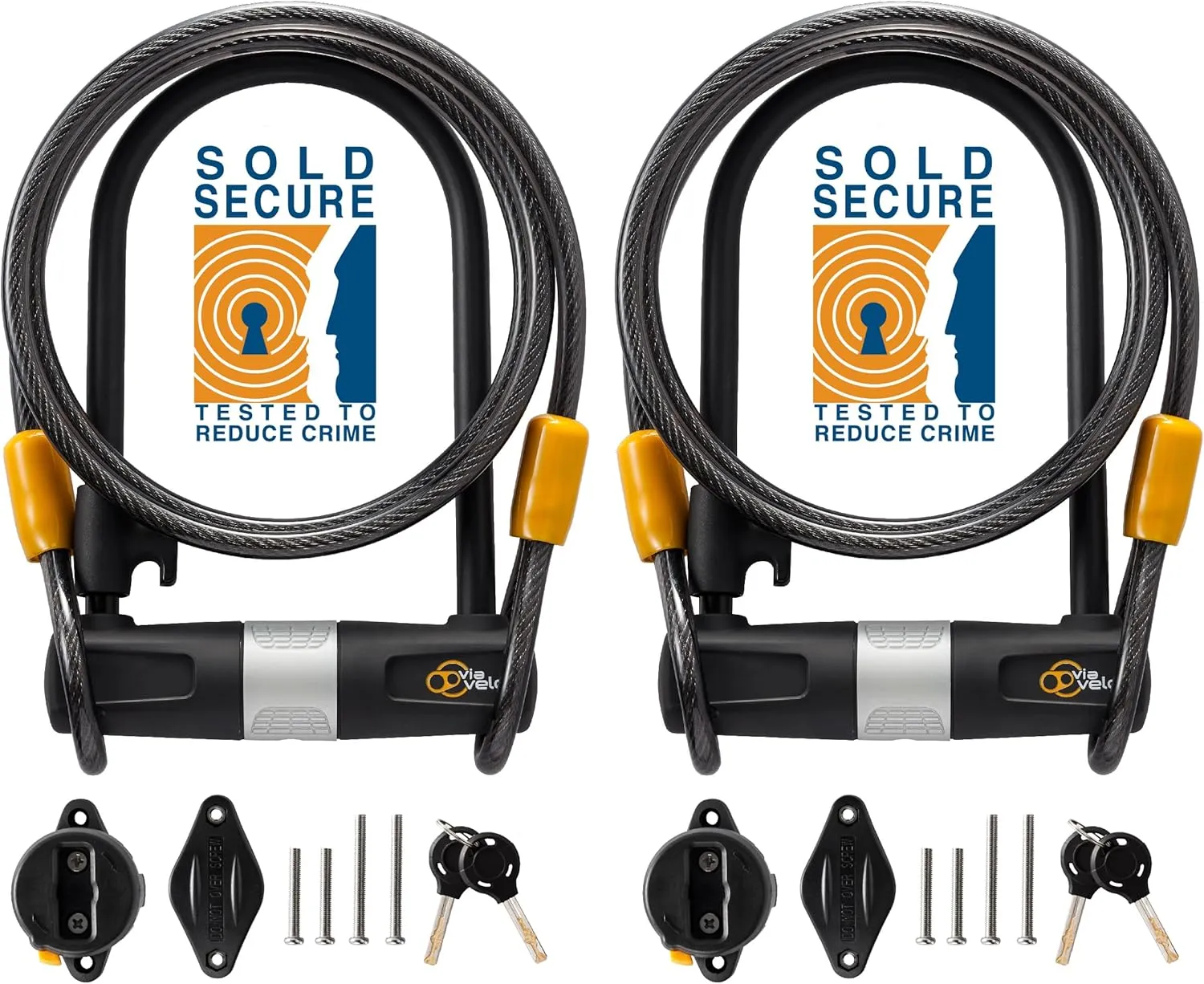 Via Velo 2 Bicycle U-Lock Set, Same Key System 4 Keyed Alike Keys, Heavy Duty Sold Secure 14mm Shackle and 10mm x 1.8m Cable with Mounting Bracket for Road Bike Mountain Bike Folding Bike