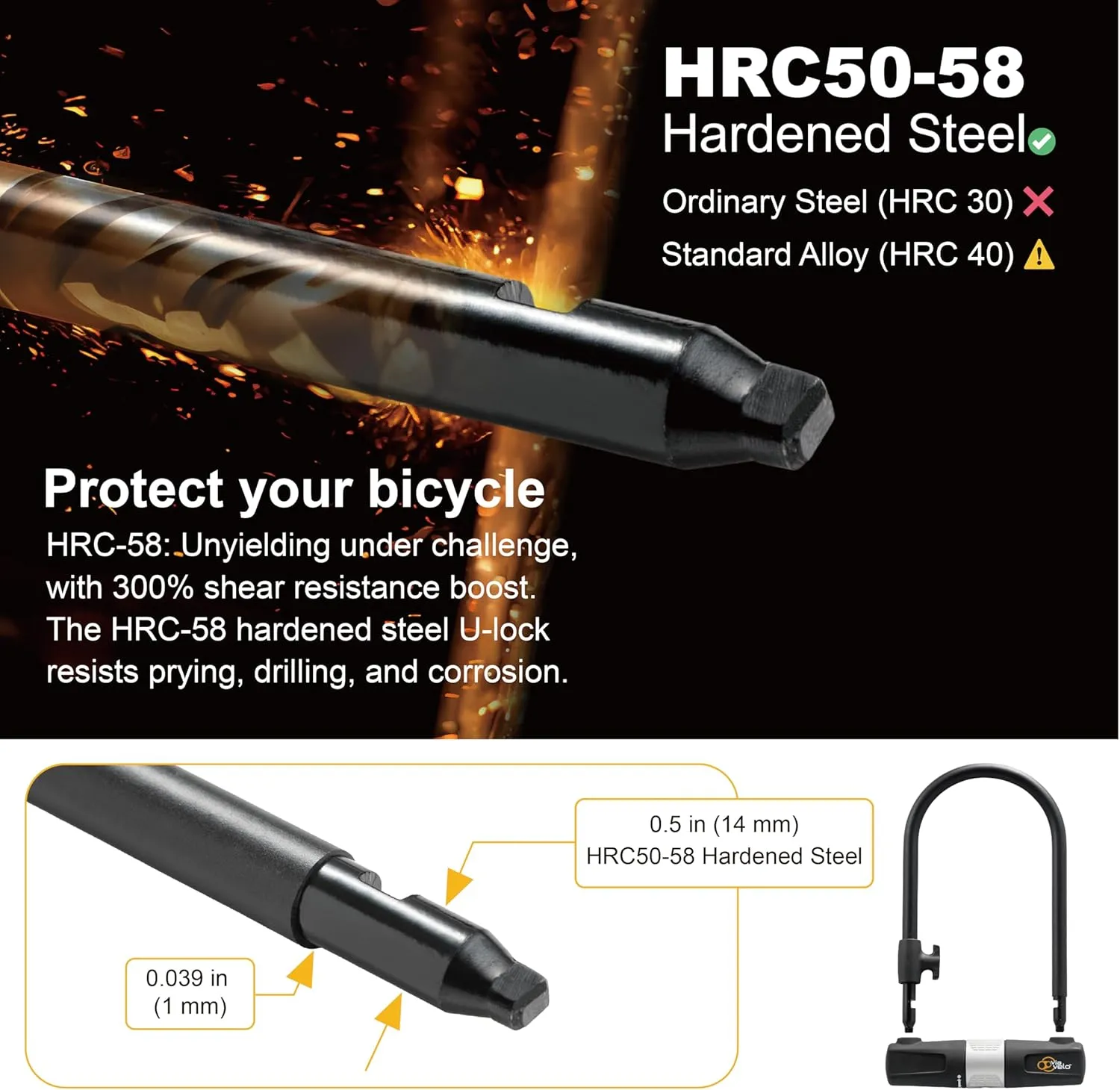 Via Velo 2 Bicycle U-Lock Set, Same Key System 4 Keyed Alike Keys, Heavy Duty Sold Secure 14mm Shackle and 10mm x 1.8m Cable with Mounting Bracket for Road Bike Mountain Bike Folding Bike