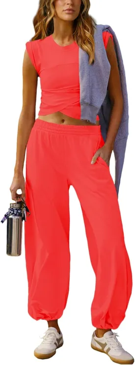 Women 2 Piece Outfit Set Loungewear Cropped Tops and Jogger Sweatpant Matching Set Coordinated Sweatsuit with Pockets